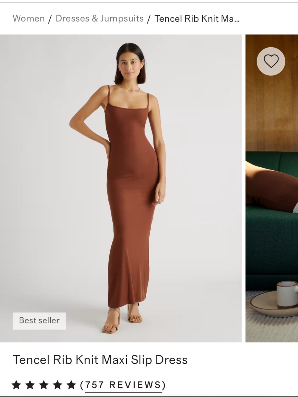 Tencel Rib Knit Maxi Slip Dress - Brown S